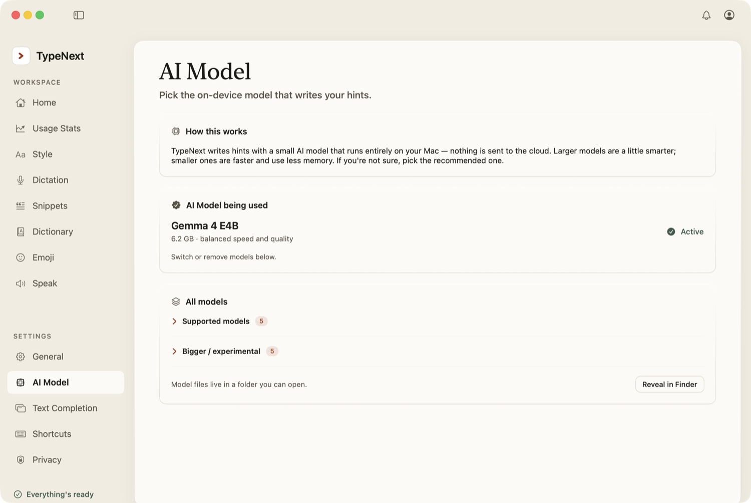 TypeNext AI Model settings