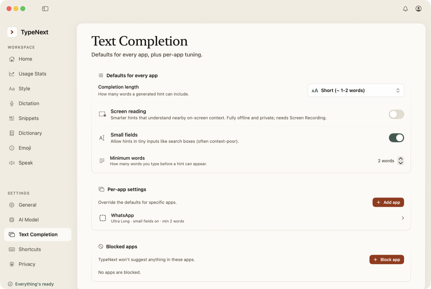 TypeNext Text Completion settings