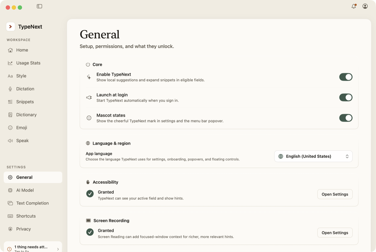 TypeNext General settings