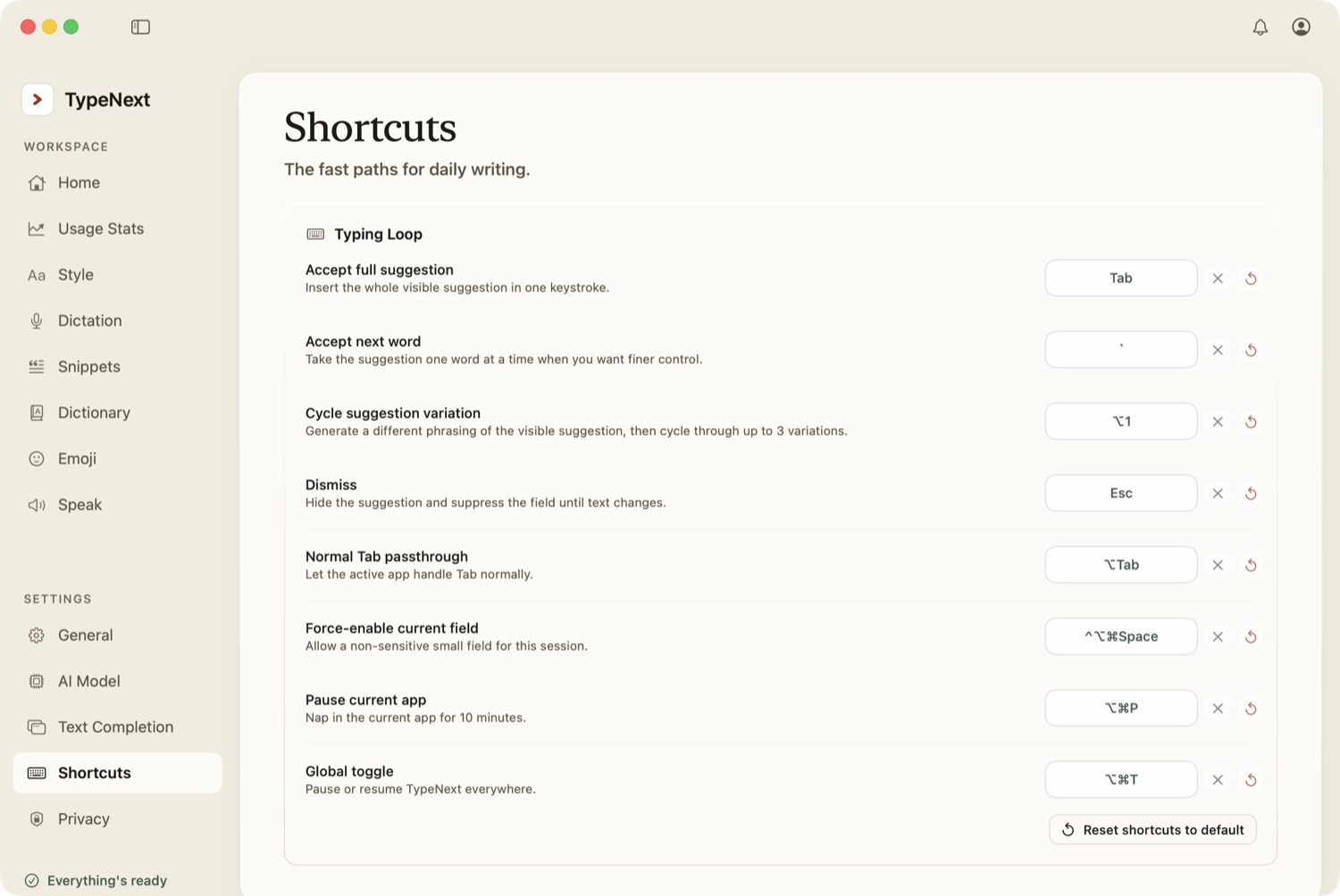 TypeNext Shortcuts settings