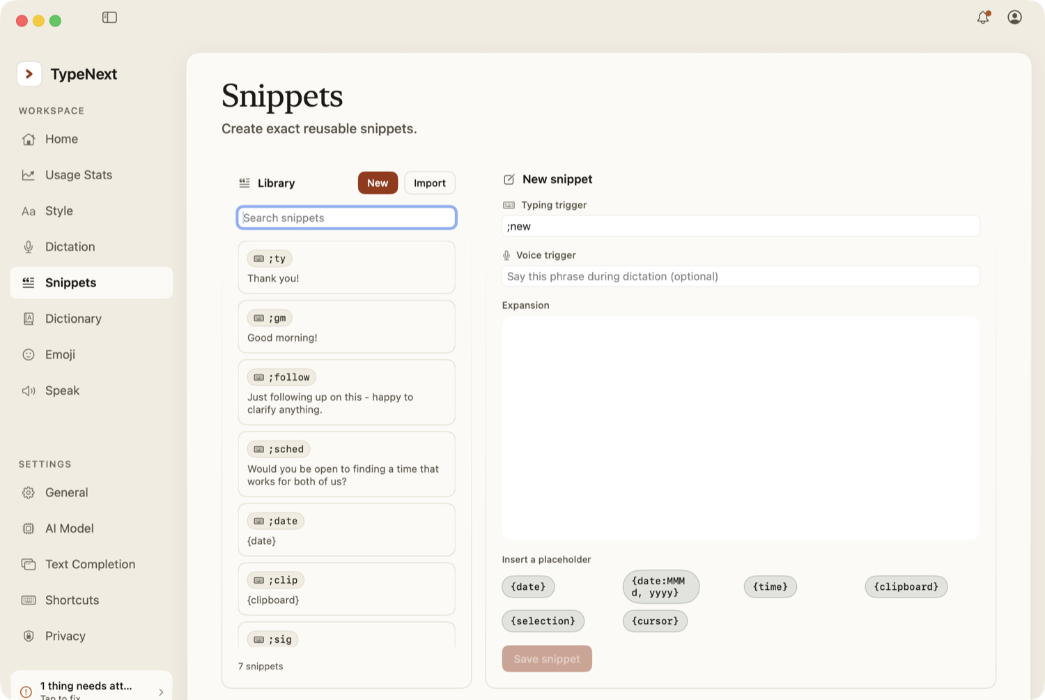 TypeNext Snippets settings