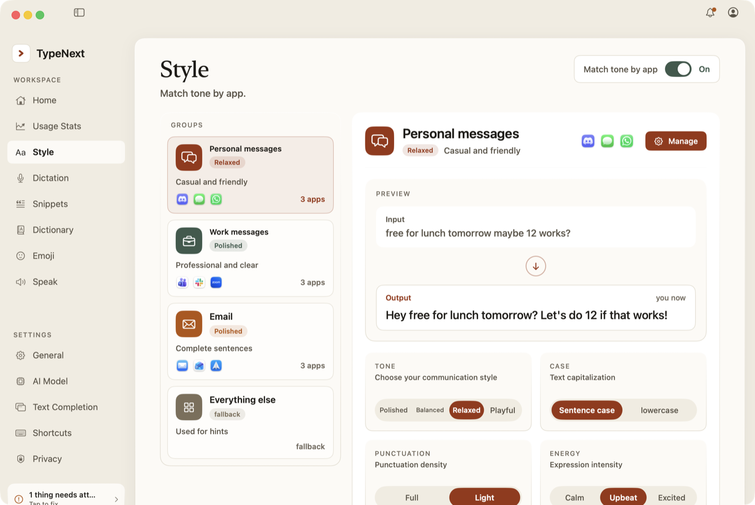 TypeNext Style settings